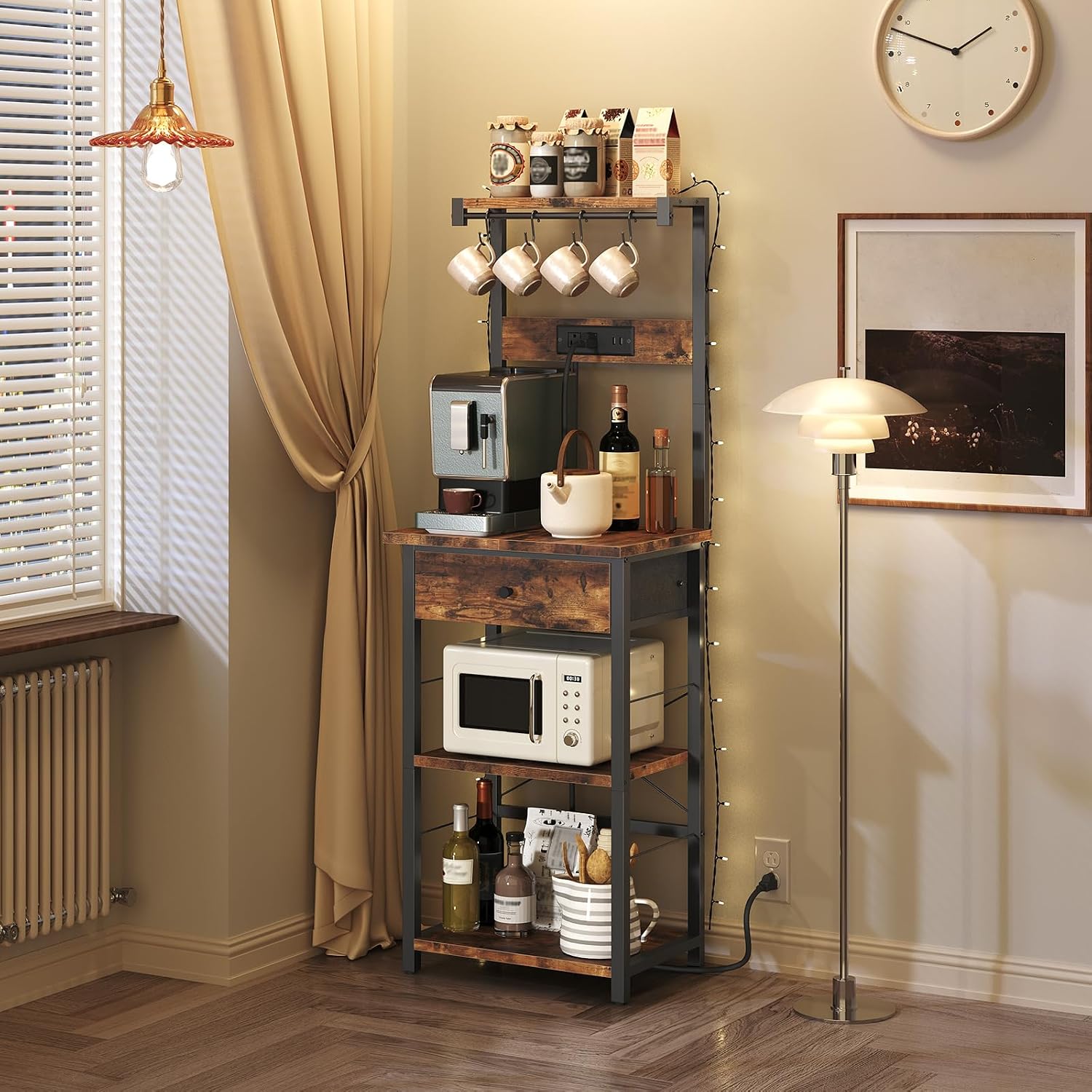 MAHANCRIS Bakers Rack with Drawer and Bakers Rack with Charging Station Bundle, Coffee Bar Station, BRHR48E01-BRHR35E01