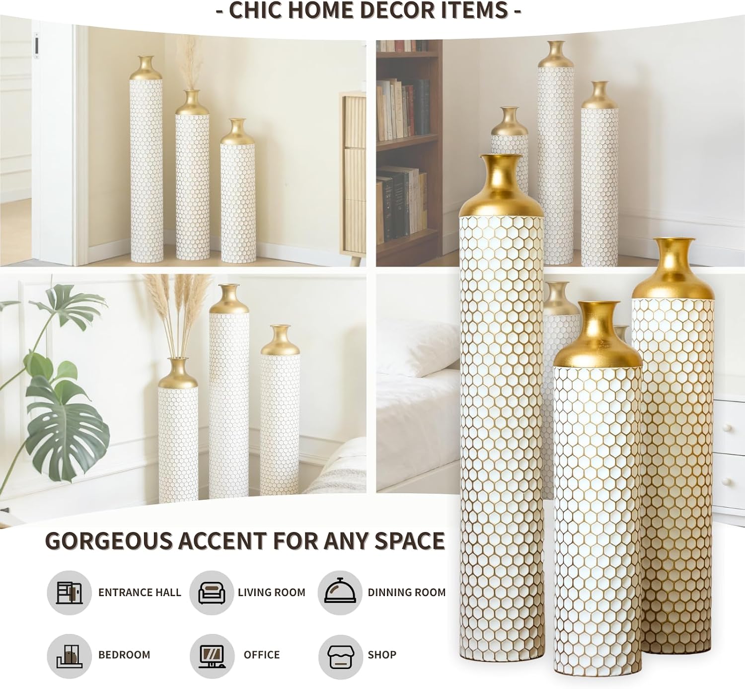Modern White Droplet Floor Vase Set of 3 - Large Glazed Metal Floor Vases for Home Decor, Living Room & Entryway Decorations (White - 33.4'/ 28.7'/ 24.4' Height)