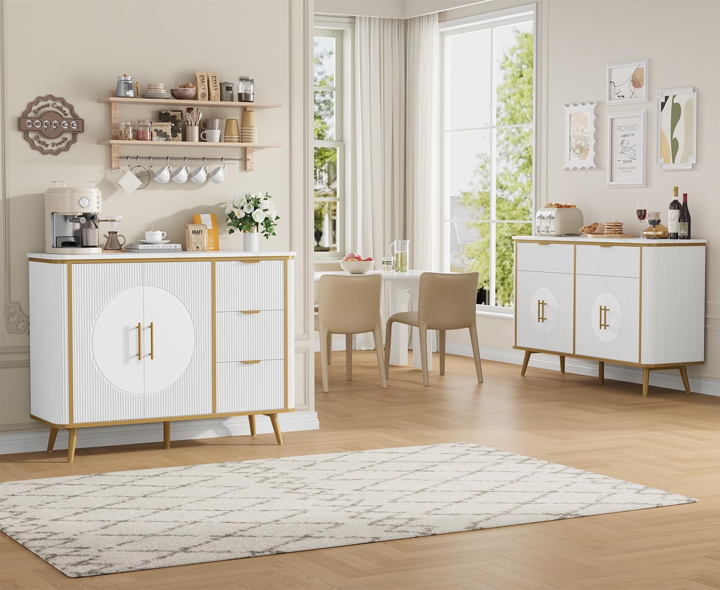 47.2' Buffet Storage Cabinet, Modern Fluted Coffee Bar Station with 2 Drawers & Adjustable Shelves, Kitchen Sideboard Buffet for Dining Room, Living Room, Hallway, White