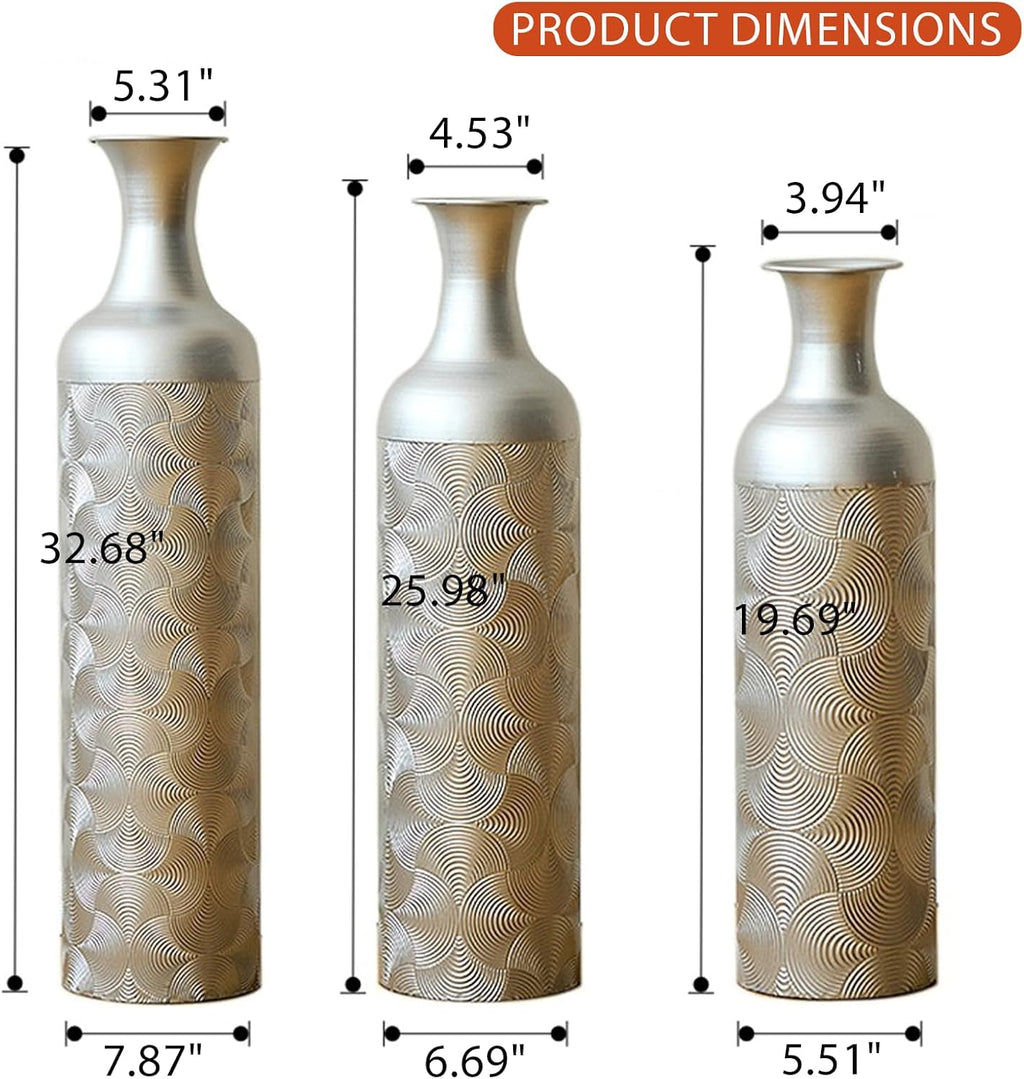 Tall Silver Floor Vase Set of 3, Modern Metal Standing Vases for Living Room Decor, Tall Cylinder Flower Vases with Wave Pattern for Home, Office Decorative Vase Set (32.68, 25.98, 19.69 Inch)