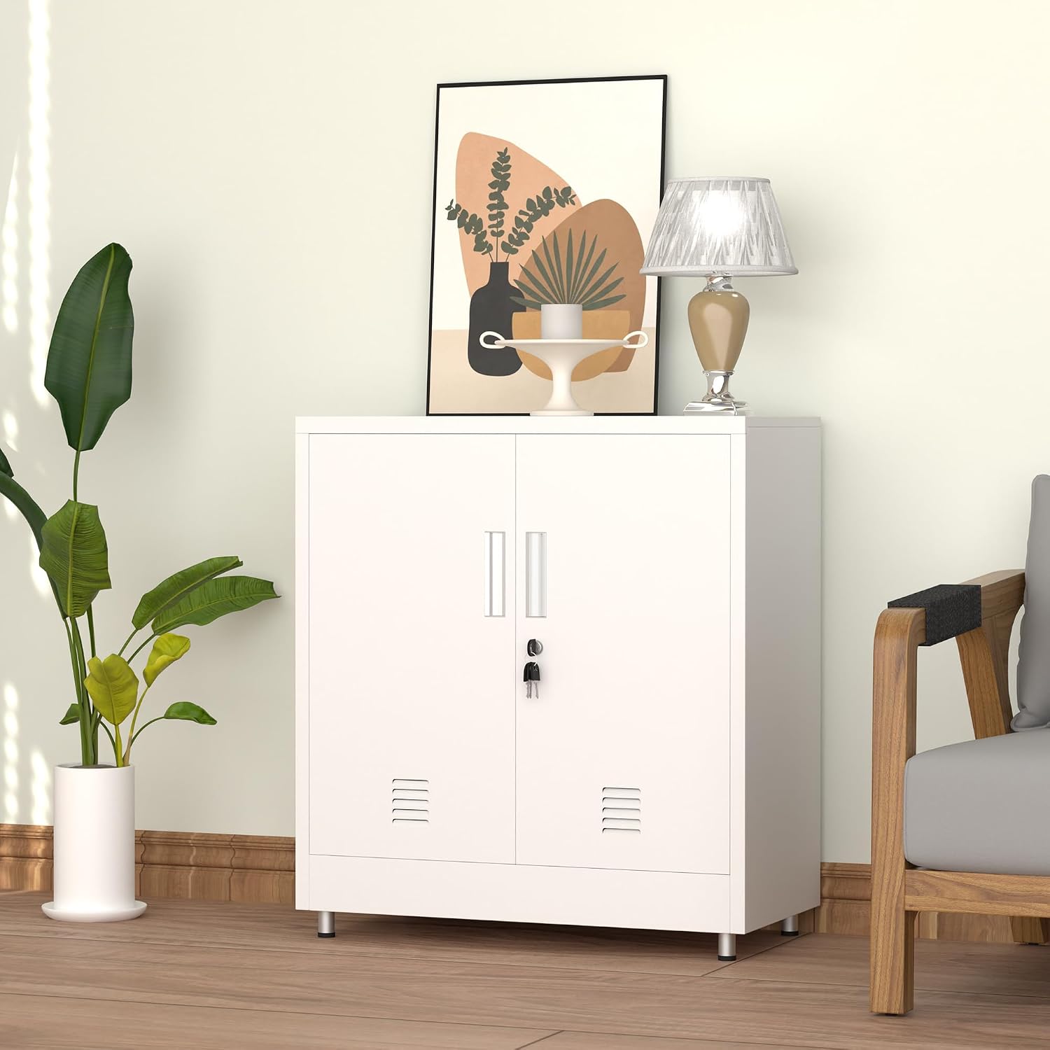 Metal Storage Cabinet with Locking Doors and Adjustable Shelf, Small Lockable Sideboard Buffet Cabinet for Home, Office, Entryway, Hallway, Living Room, Kitchen and Dining Room, White