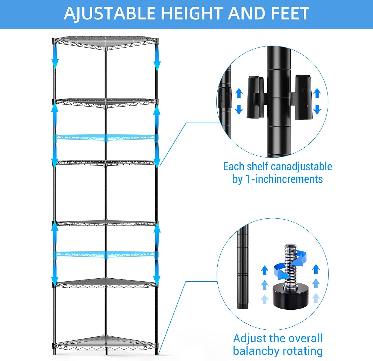 Black Corner Storage Rack, 6 Tier Metal Corner Shelf Wire Shelving Unit, 600lbs Capacity, NSF, Adjustable Height, Leveling Feet and Liners, Ideal for Bathroom, Kitchen, 72'H x 20'L x 20'W, Pentagonal