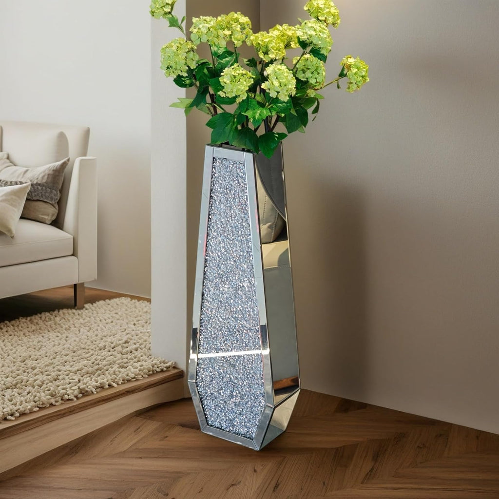 30' Large Double Sided Crushed Diamond Floor Vases,Tall Silver Mirrored Crystal Vase for Floor, Floor Vases Decorative Tall for Home,Office,Hotel (Silver,10.6' L x 5.3' W x 30' H)