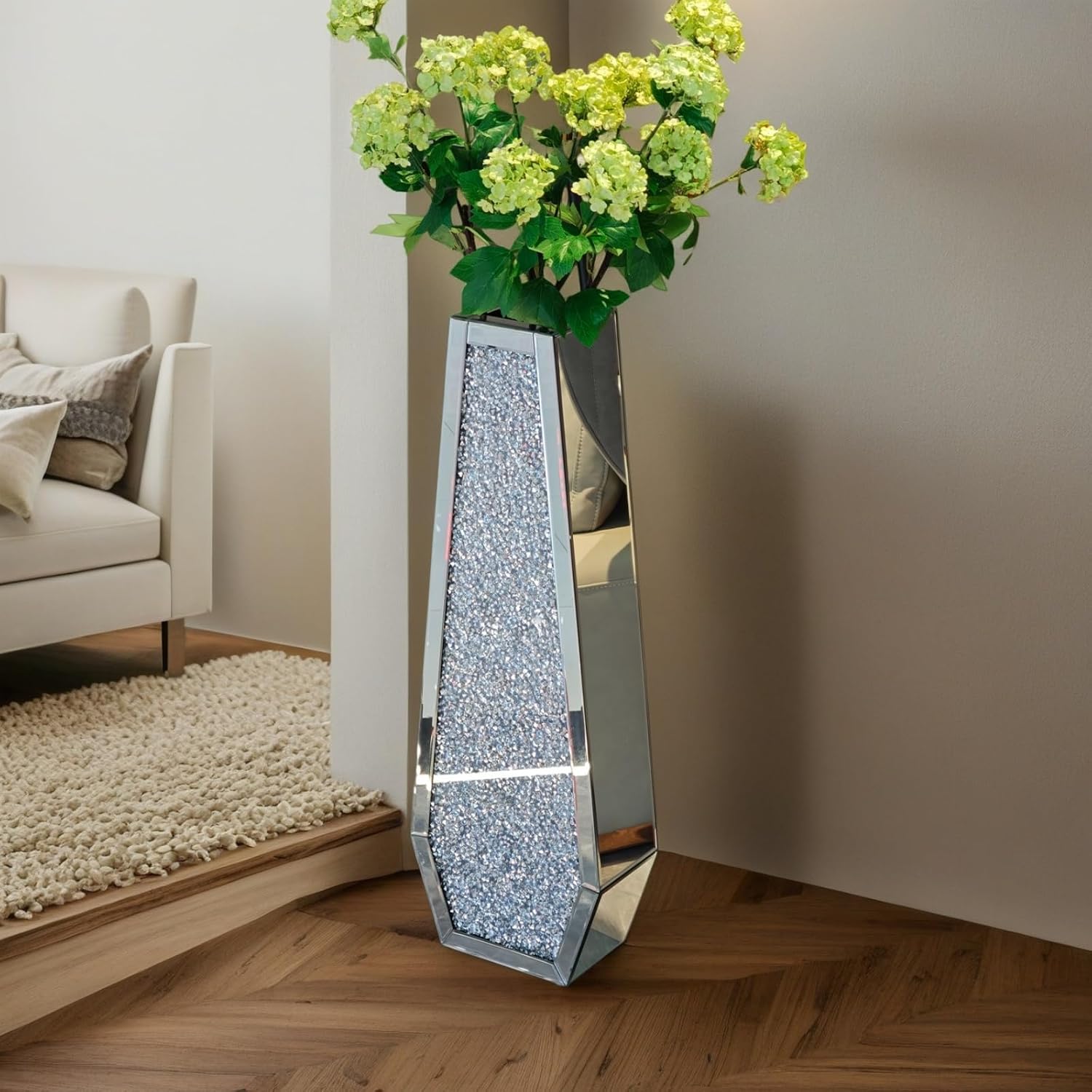 30' Large Double Sided Crushed Diamond Floor Vases,Tall Silver Mirrored Crystal Vase for Floor, Floor Vases Decorative Tall for Home,Office,Hotel (Silver,10.6' L x 5.3' W x 30' H)