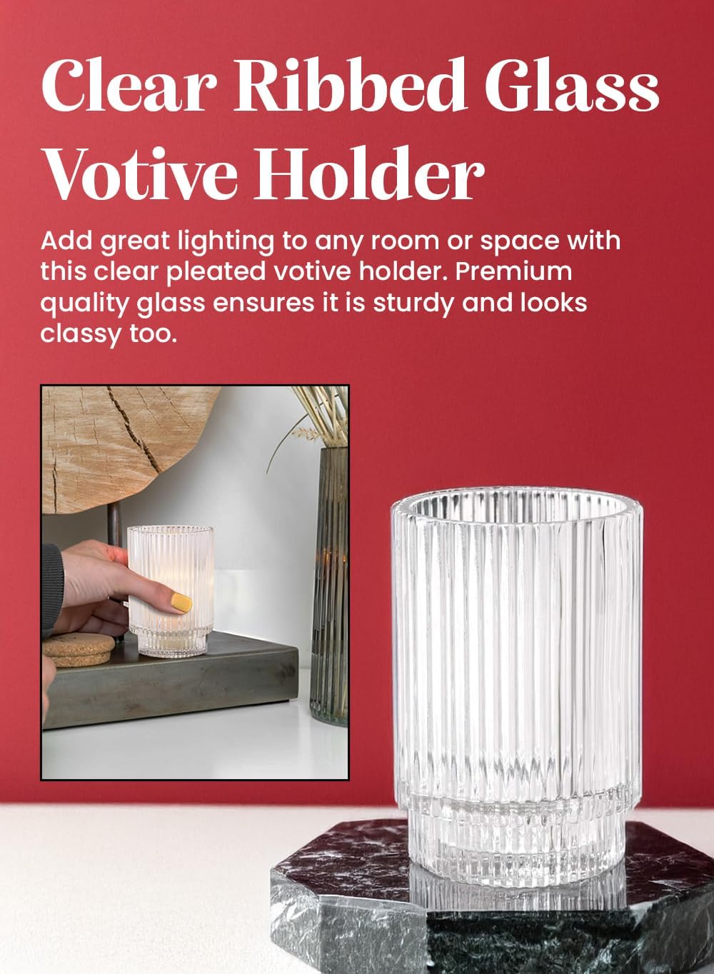 Serene Spaces Living Clear Ribbed Glass Votive Holder, Decorative Centerpiece for Wedding, Christmas, Thanksgiving, Dining Table, Living Room, Home Décor, 3.5' Diameter & 5' Tall, Pack of 24