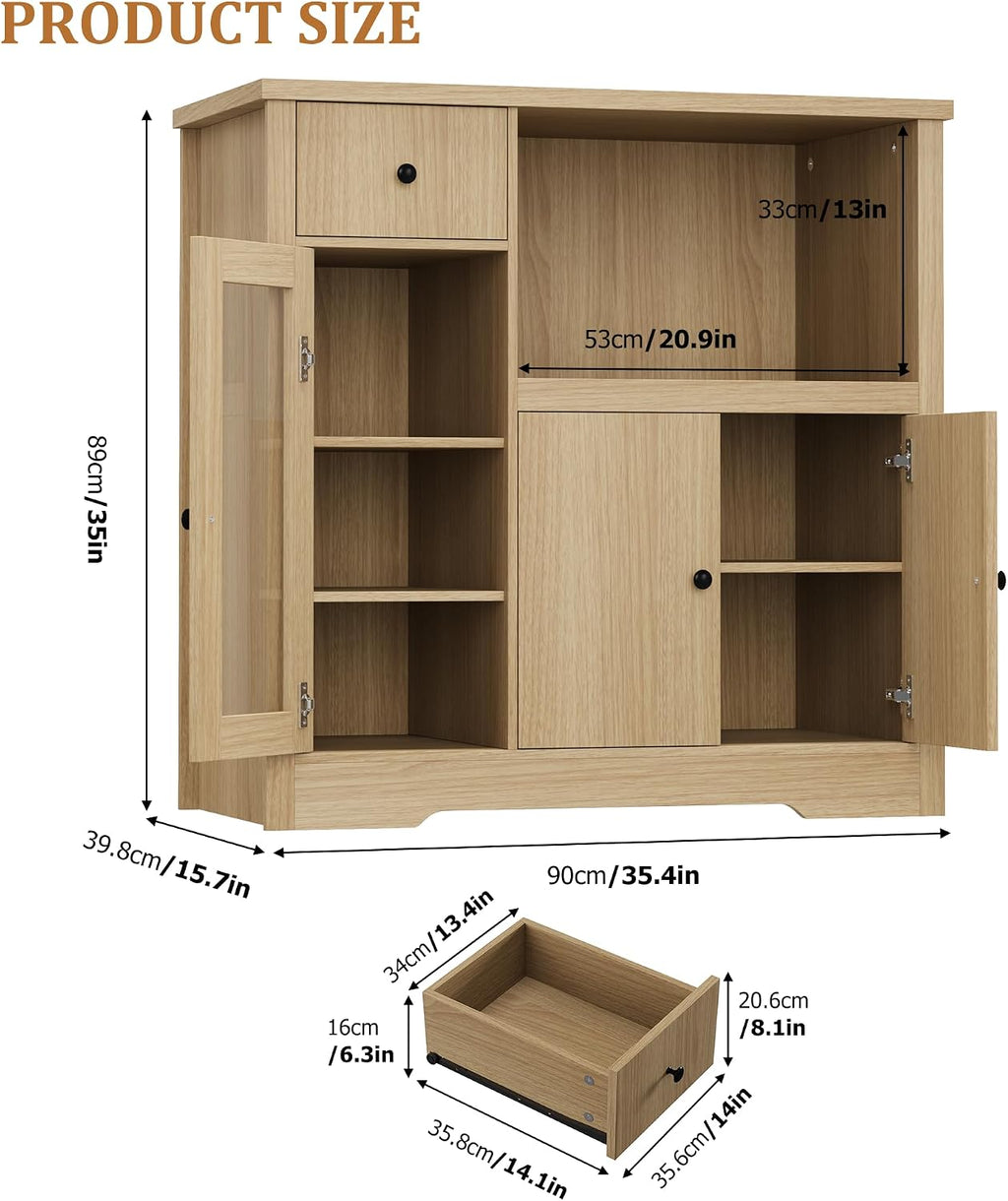 Senfot Kitchen Microwave Cabinet with Storage and Drawers, Modern Small Buffet Cabinet with Glass Doors and Adjustable Shelf, Wooden Sideboard with Wide Top for Dining Room, Living Room, Natural