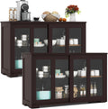 COSTWAY Buffet Sideboard with Storage, 2-Door Floor Cupboard with Sliding Tempered Glass Cabinet & Adjustable Shelf, Stackable Storage Cabinet for Kitchen, Entryway, Brown (2)