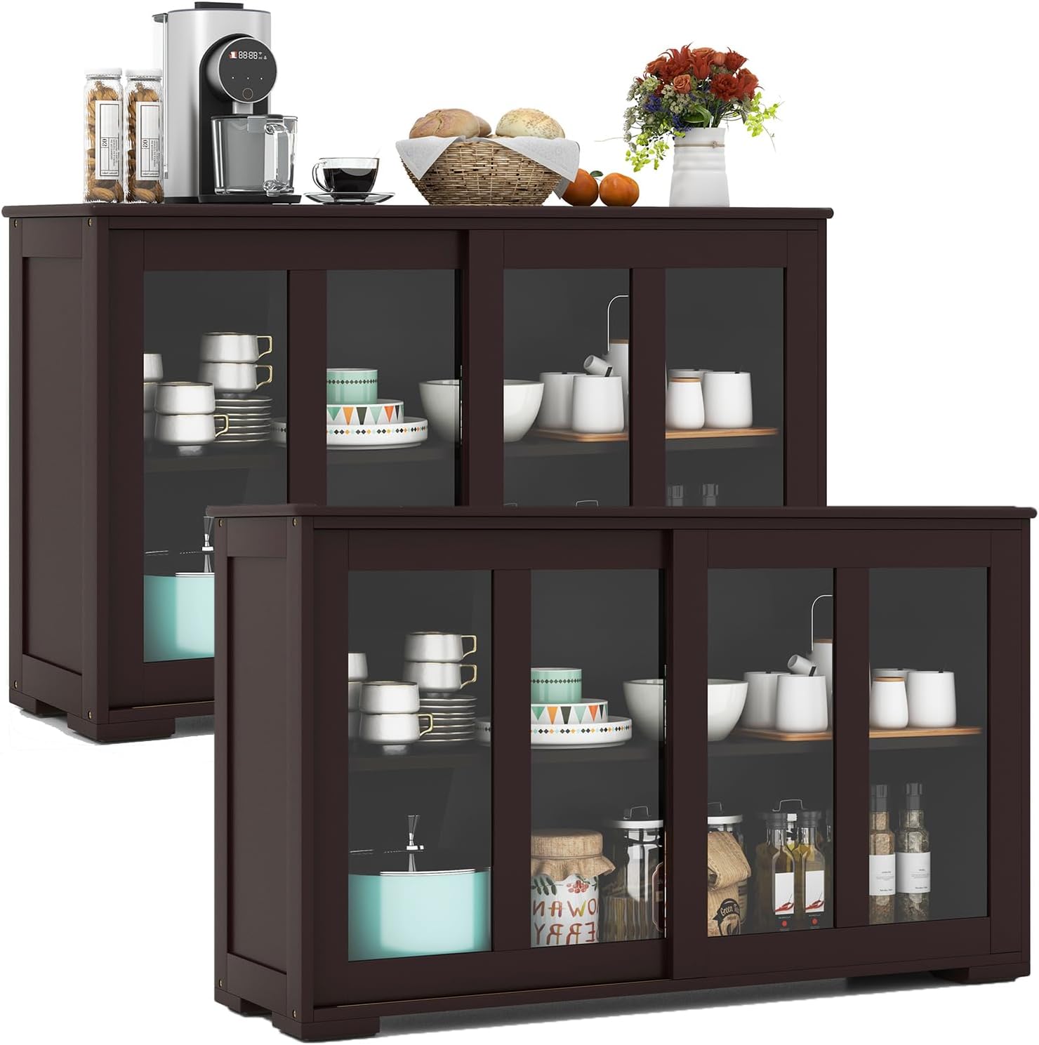 COSTWAY Buffet Sideboard with Storage, 2-Door Floor Cupboard with Sliding Tempered Glass Cabinet & Adjustable Shelf, Stackable Storage Cabinet for Kitchen, Entryway, Brown (2)