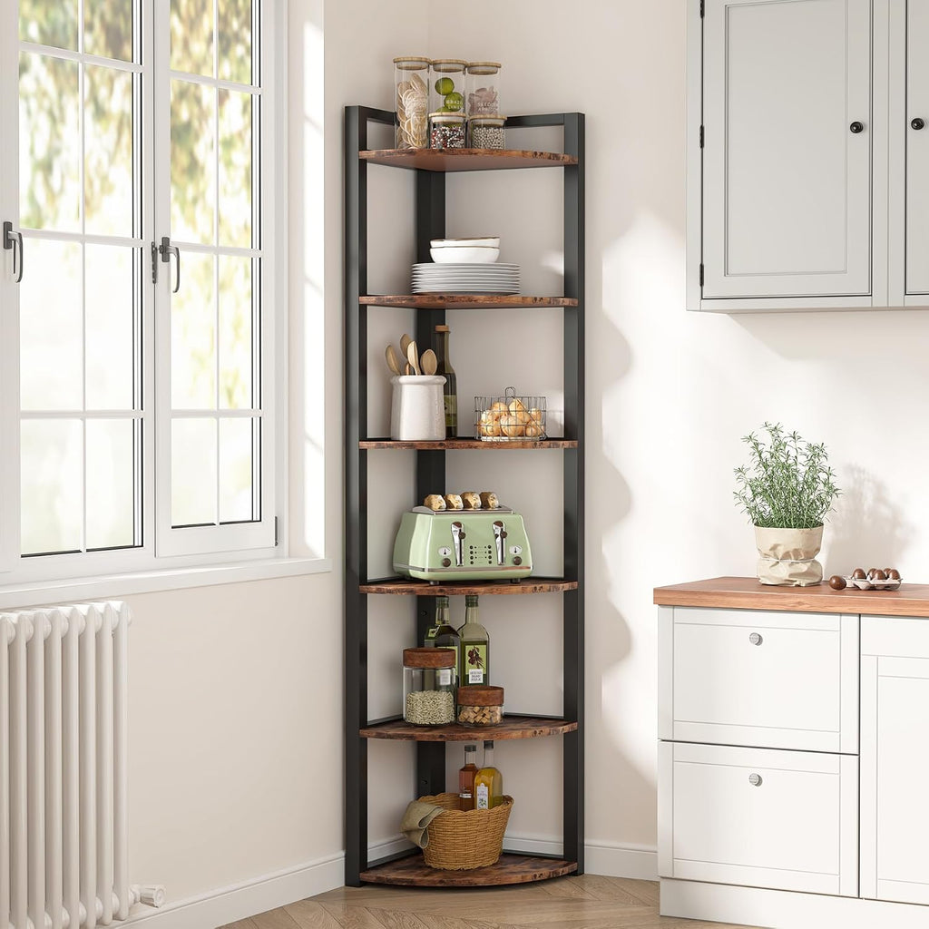 TRIBESIGNS WAY TO ORIGIN Corner Shelf, 70.9 Inch Tall Corner Bookshelf, 6 Tier Ladder Shelf with Metal Frames Multifunctional Modern Bookcase for Living Room, Home Office, Kitchen, Small Space (Brown)
