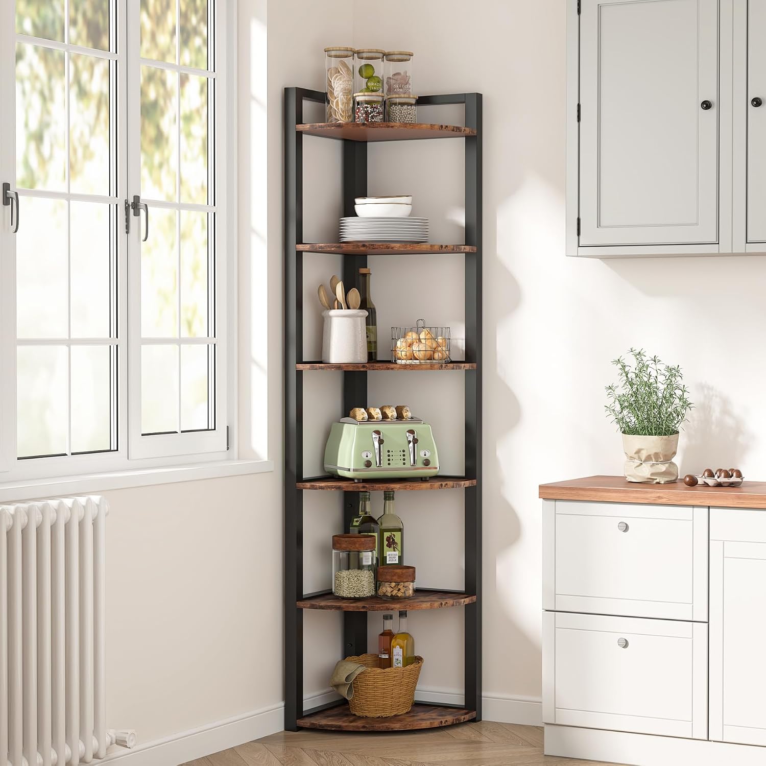 TRIBESIGNS WAY TO ORIGIN Corner Shelf, 70.9 Inch Tall Corner Bookshelf, 6 Tier Ladder Shelf with Metal Frames Multifunctional Modern Bookcase for Living Room, Home Office, Kitchen, Small Space (Brown)