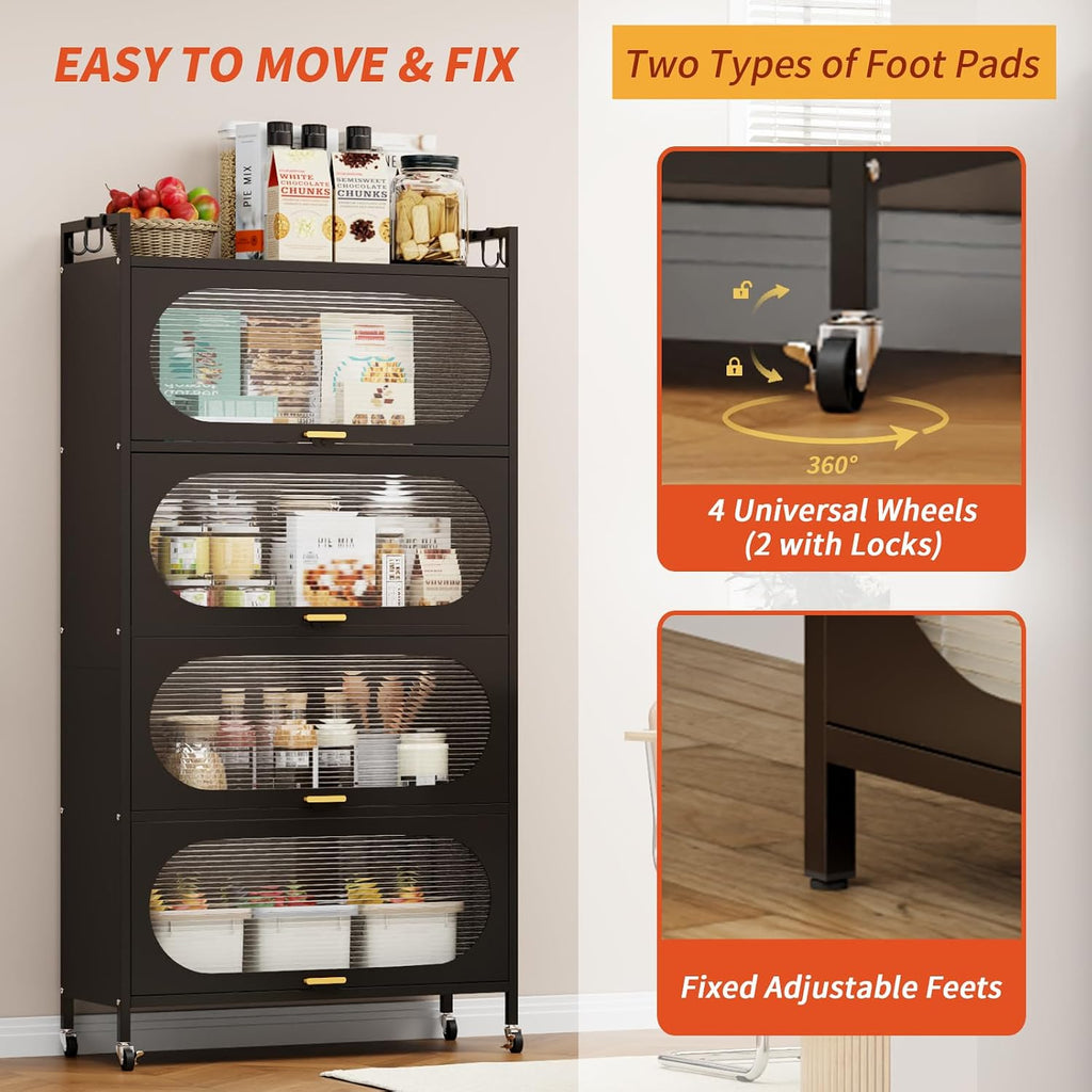 Dyoung Metal Kitchen Storage Cabinet with Flip-up Doors, Freestanding Pantry Cabinet with 4 Rolling Wheels, 5-Tier Mobile Microwave Stand with Storage Rack for Kitchen Dining Living Room (Black)