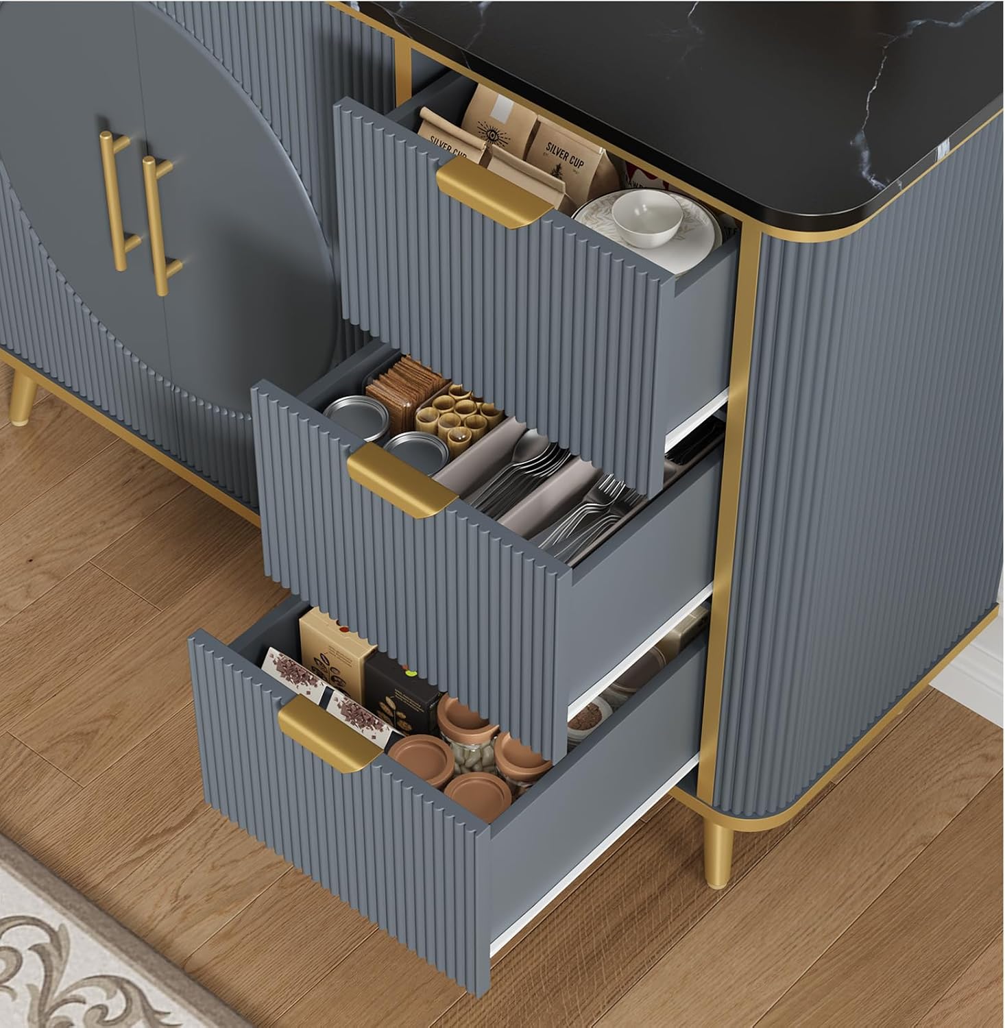 47.3' Modern Buffet Cabinet with Storage, Kitchen Sideboard Buffet with 2 Door & 3 Drawers, Fluted Caffee Bar Storage Cabinet for Dining Room, Living Room, Entryway, Navy Blue
