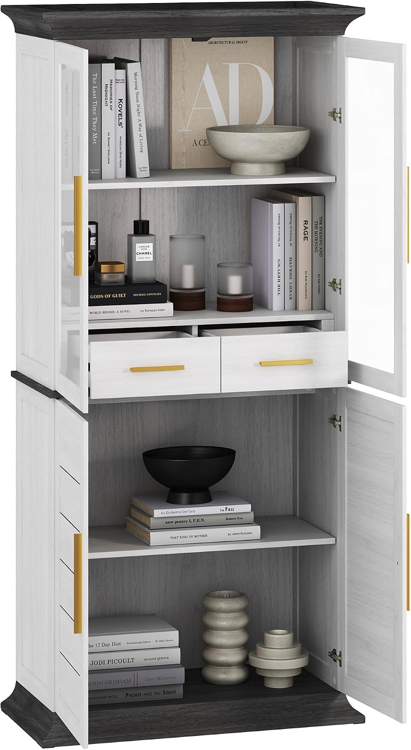 BELLEZE 72' High Storage Cabinet with Adjustable Shelves and Drawers, Freestanding Cabinet with Ample Storage Space for Kitchen, Dining & Living Room - White