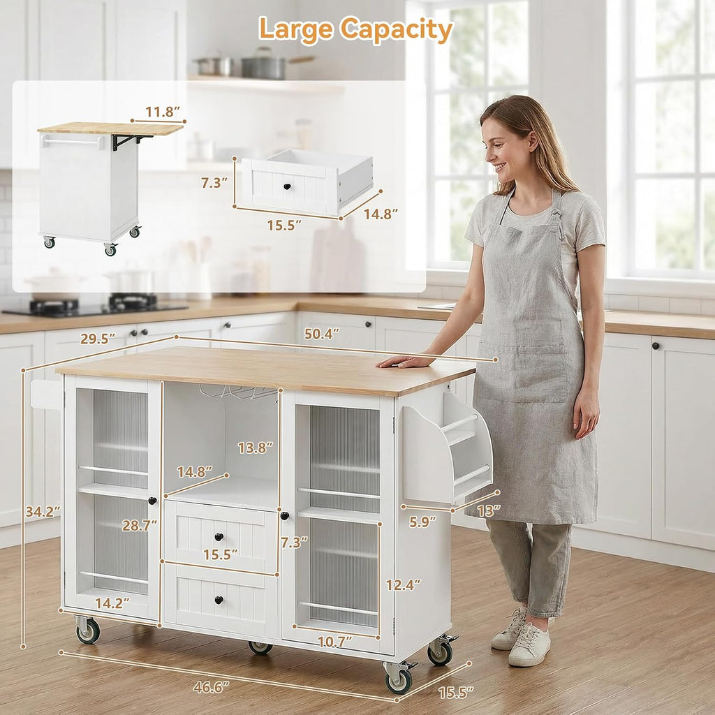 EVLIQUIL Kitchen Island Cart with Storage Cabinet & Drop Leaf, 50.4' Rolling Kitchen Table with Spice Rack & Towel Rack and Drawer, Portable Islands on Wheels, White