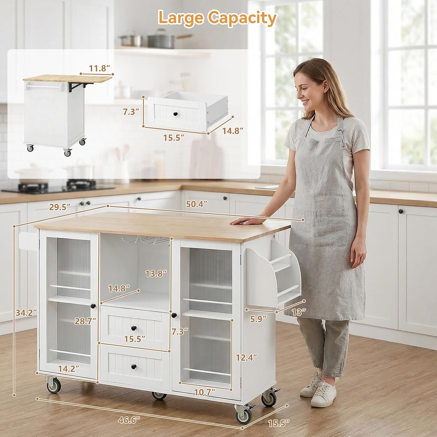 EVLIQUIL Kitchen Island Cart with Storage Cabinet & Drop Leaf, 50.4' Rolling Kitchen Table with Spice Rack & Towel Rack and Drawer, Portable Islands on Wheels, White