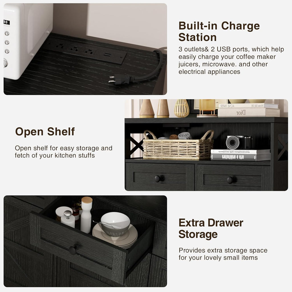 FiveWillowise 31.5' Black Storage Cabinet with Drawers and Shelf, Farmhouse Sideboard Buffet with Storage, Kitchen Pantry Hutch, Coffee Bar Cabinet Station Table for Kitchen, Living, Dining Room