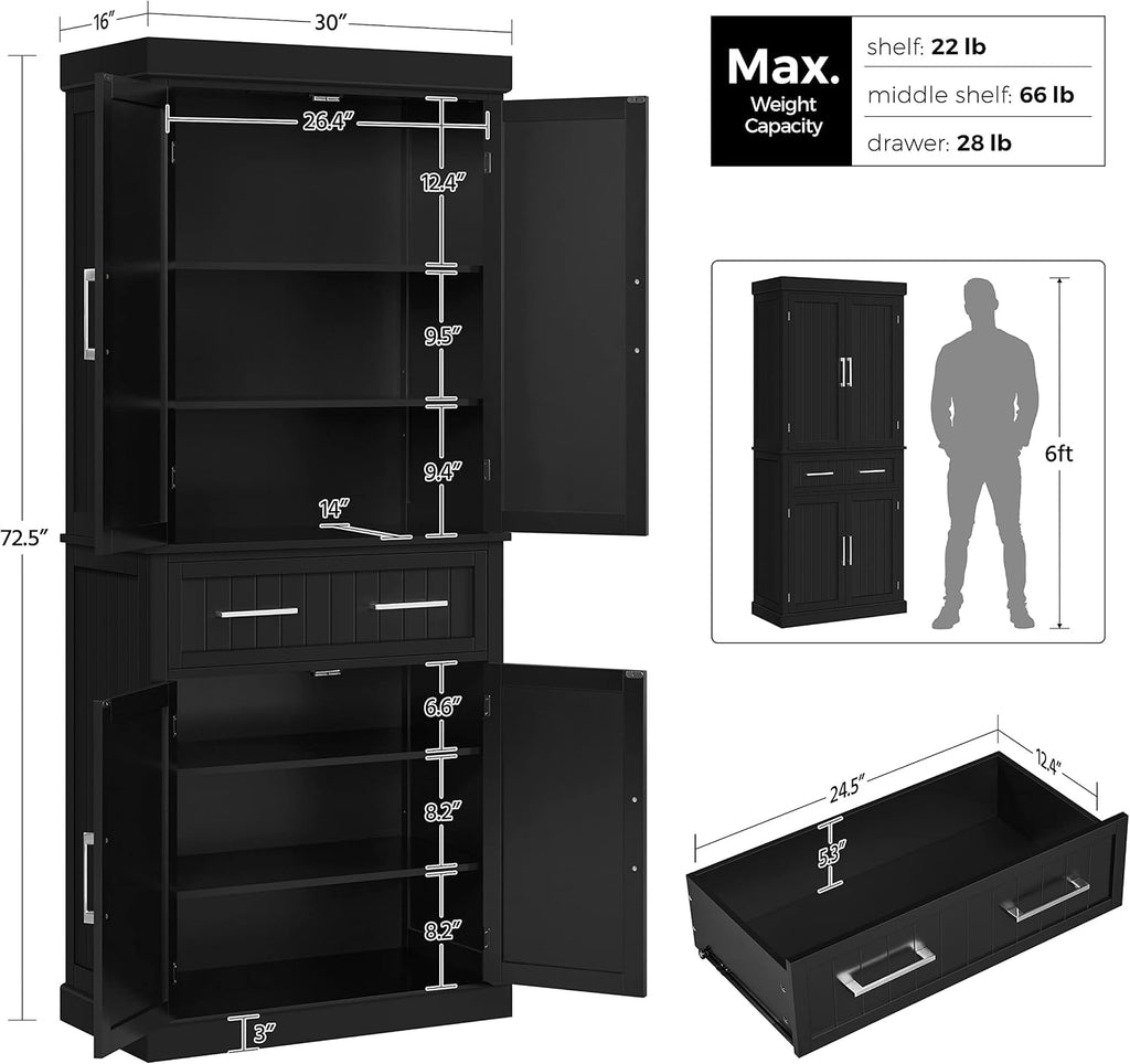 Yaheetech Kitchen Pantry Storage Cabinet with Drawer, Freestanding Pantry Cabinets with 2 Adjustable Shelves, 72.5' Tall Storage Cupboard for Kitchen/Dining Room/Bathroom/Hallway, Black