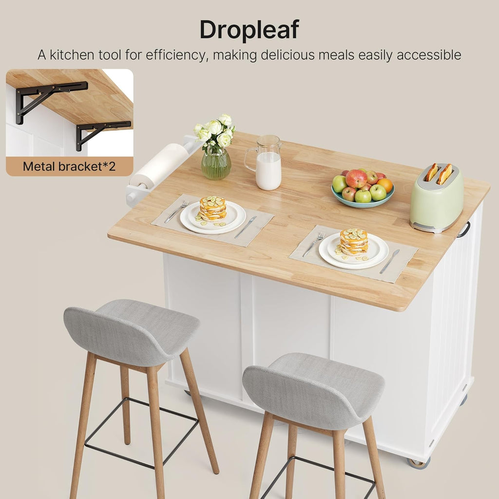 Ahomly Kitchen Island with Storage, 44.49' Kitchen Island with Trash Can Storage, Drop Leaf Rubberwood Top, Knife Holder, Adjustable Shelf, Towel Bar, Drawer, Spice Rack, White
