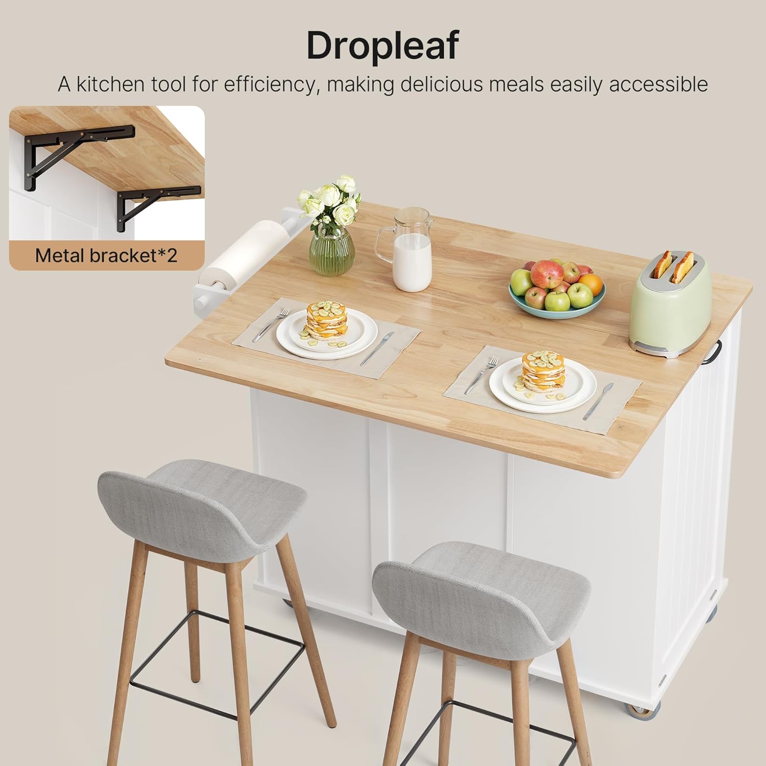 Ahomly Kitchen Island with Storage, 44.49' Kitchen Island with Trash Can Storage, Drop Leaf Rubberwood Top, Knife Holder, Adjustable Shelf, Towel Bar, Drawer, Spice Rack, White