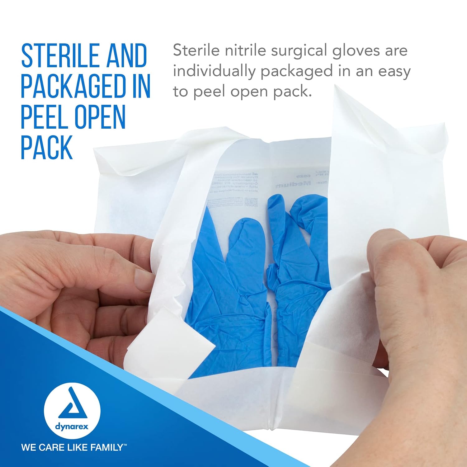 Dynarex Sterile Disposable Nitrile Exam Gloves, Powder-Free, Sterilely Packaged in Pairs, Textured Palms, Blue, Large, 1 Case - 8 Boxes of 50 Pairs