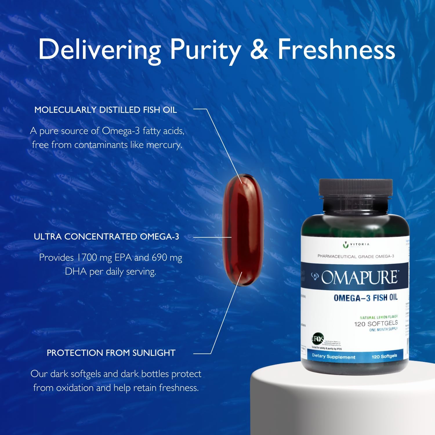 OMAPURE Fish Oil Omega 3 Supplements - Triple Strength - High EPA, DHA - IFOS Lab Tested - Supports Heart & Brain Health - Burpless Capsules - Wild Caught - (5 Bottles - 120 Softgels Per Bottle)