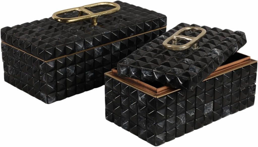 Decorative Jewelry Boxes for Home Decor – Elegant Keepsake and Storage Boxes with Lid – Studded Pattern Home Organizer for Living Room Decor, Bedroom, Office, or Shelf Set of 2 – 6' Gray & Gold