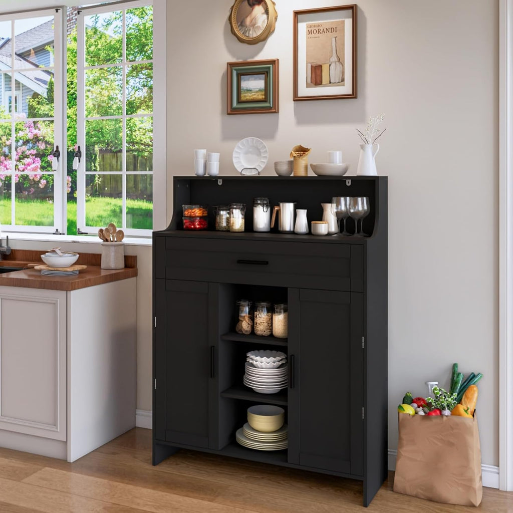 Viaozutis Storage Cabinet with Doors and Drawers, Kitchen Storage Cabinet with 1 Large Drawer,2 Doors,and 2 Adjustable Shelves,for Bathroom/Kitchen/Living Room/Entrance Hall (Black)
