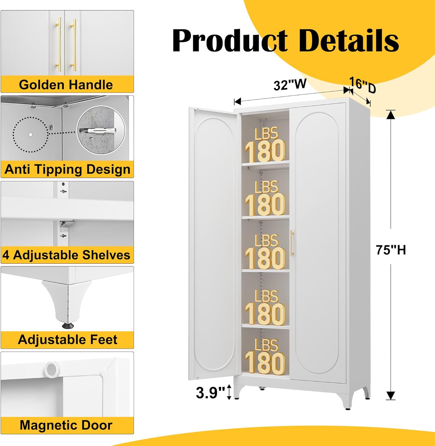 SteeLoong Kitchen Pantry Cabinet,75 Inch White Metal Storage Cabinet with Door and Adjustable, Tall Pantry Cabinets for Kitchen Storage,Cupboard for Living Room,Dining Room and Bathroom