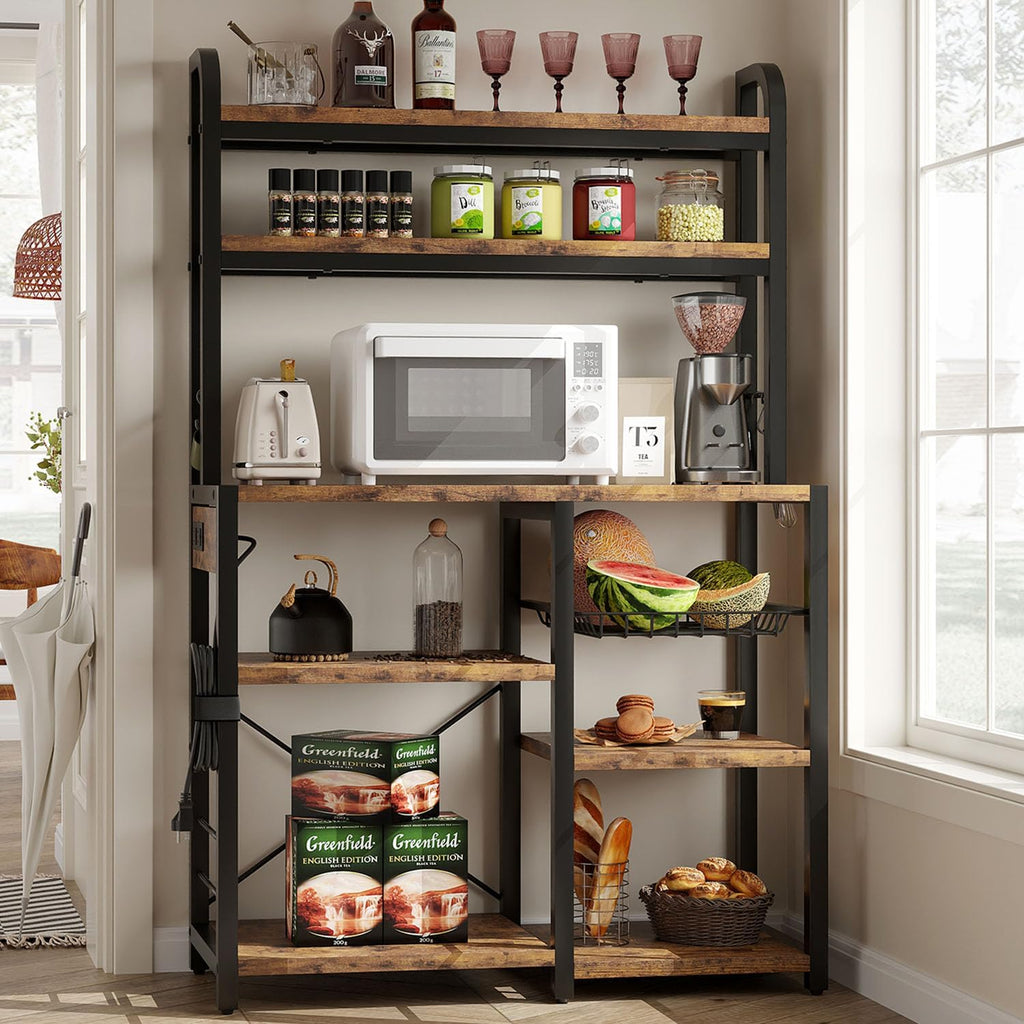 IDEALHOUSE Bakers Rack with Power Outlet, 6-Tier Coffee Bar Station with Wire Drawer, Industrial Microwave Stand, Kitchen Standing Bakers Racks with Large Storage, Hutch, Retro Brown
