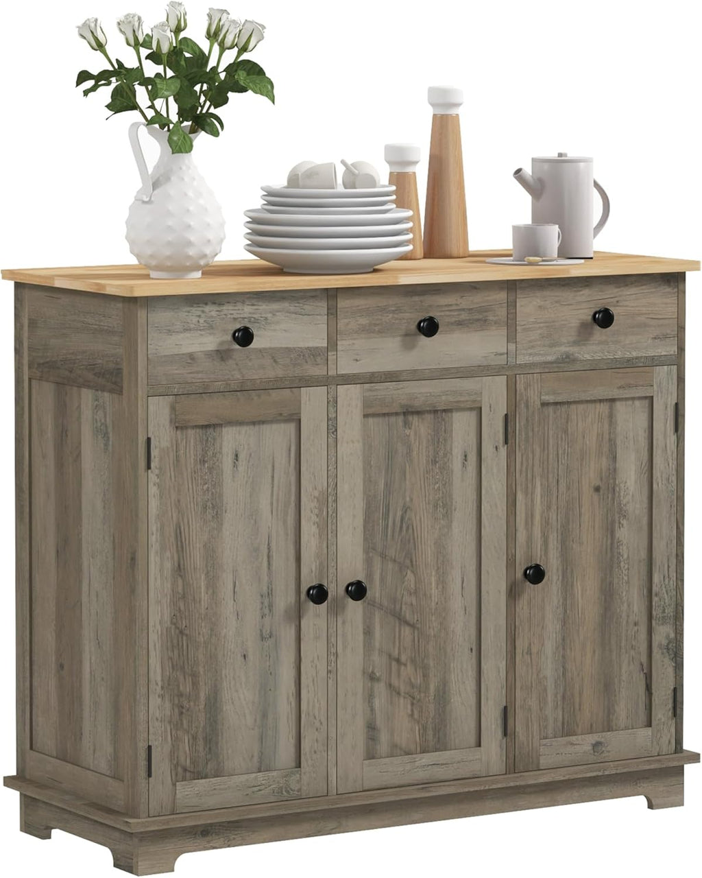 40' Solid Wood Top Freestanding Storage Cabinet, Kitchen Storage Bakers Rack with Drawers, Utility Food Cupboard with Adjustable Shelf for Dining Room Entryway, Gray