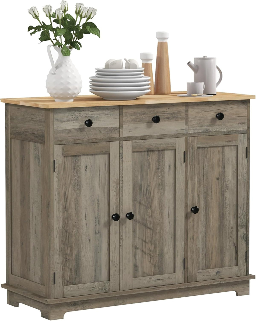 40' Solid Wood Top Freestanding Storage Cabinet, Kitchen Storage Bakers Rack with Drawers, Utility Food Cupboard with Adjustable Shelf for Dining Room and Entryway, Gray