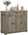 40' Solid Wood Top Freestanding Storage Cabinet, Kitchen Storage Bakers Rack with Drawers, Utility Food Cupboard with Adjustable Shelf for Dining Room and Entryway, Gray