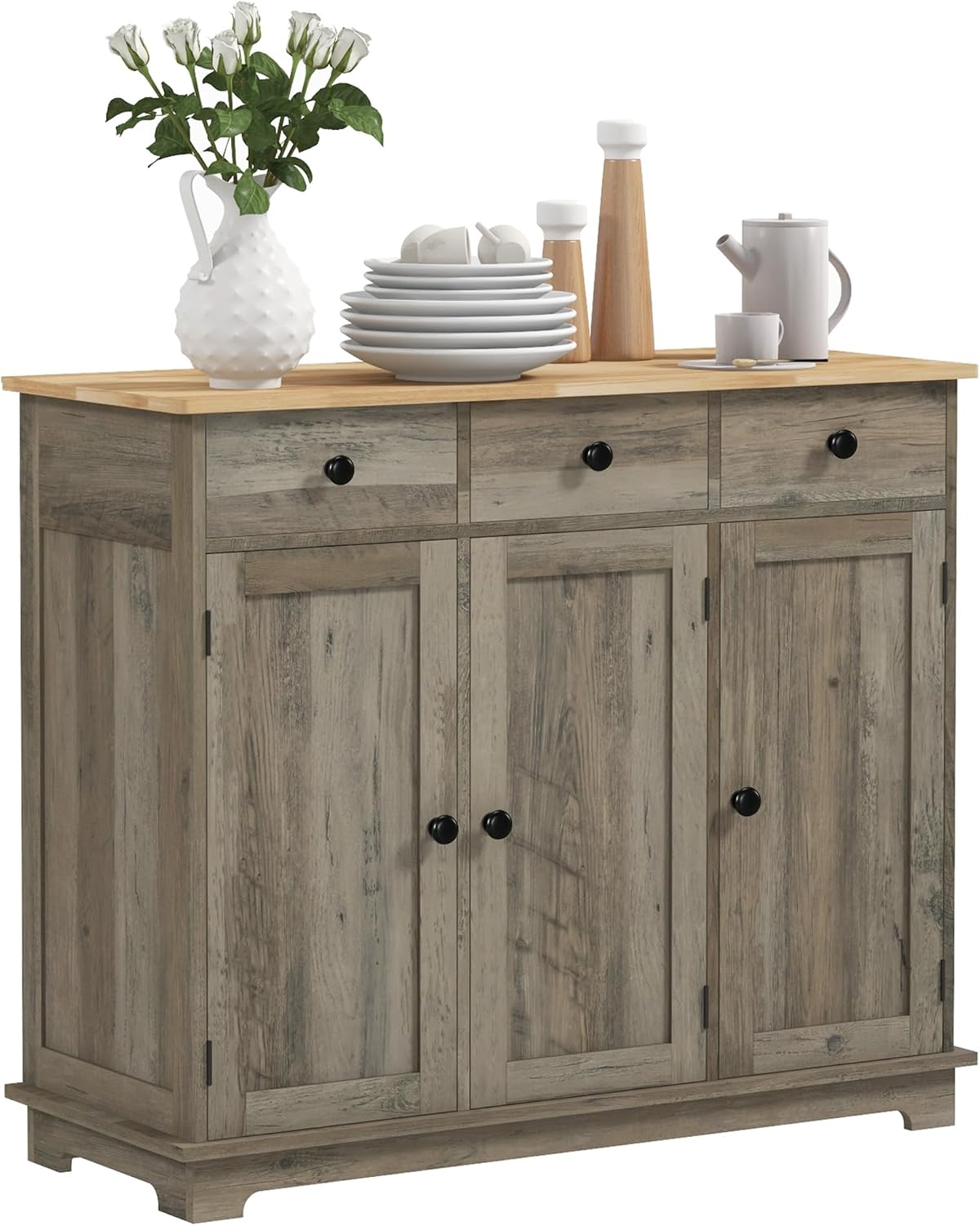 40' Solid Wood Top Freestanding Storage Cabinet, Kitchen Storage Bakers Rack with Drawers, Utility Food Cupboard with Adjustable Shelf for Dining Room and Entryway, Gray