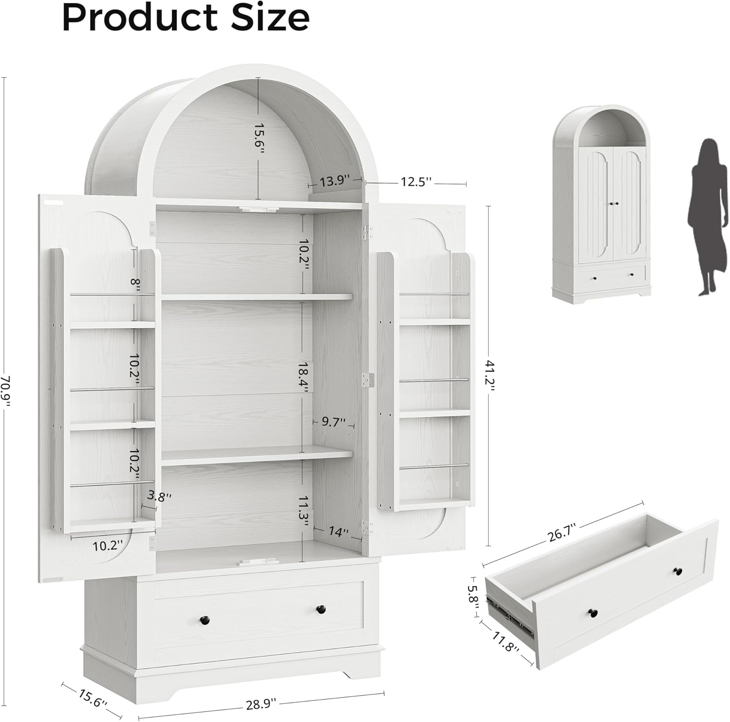 IRONCK 70.9' Tall Arched Kitchen Pantry, Kitchen Cabinet with Large Drawer, Adjustable Shelves, Arched Open Shelving, 2 Doors with Storage Shelves, Modern Versatile Cupboard for Kitchen, Dining Room