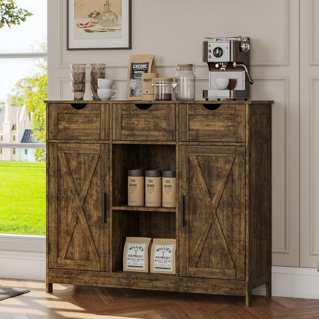 Viaozutis Storage Cabinet, Coffee Bar Cabinet with 2 Adjustable Shelves, 3 Drawers, and 2 Doors, for Bathroom, Kitchen, Living Room (Retro)