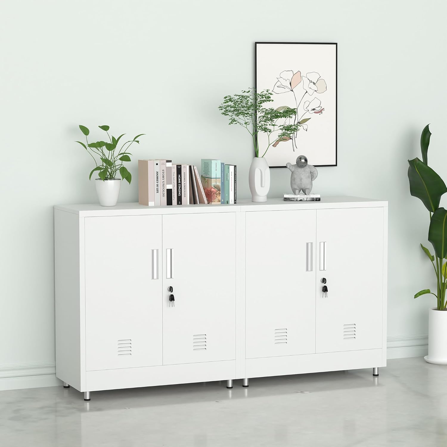 Metal Storage Cabinet with Locking Doors and Adjustable Shelf, Small Lockable Sideboard Buffet Cabinet for Home, Office, Entryway, Hallway, Living Room, Kitchen and Dining Room, White