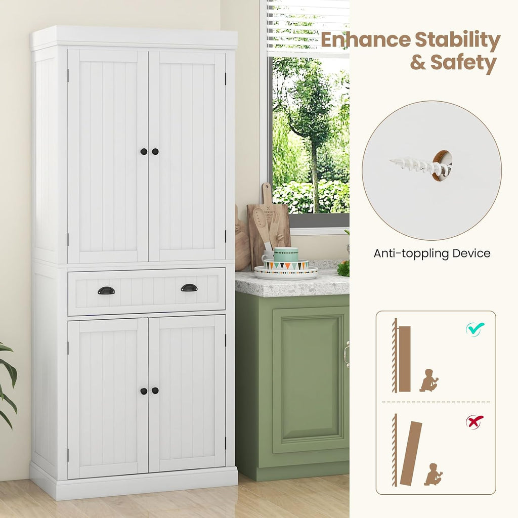 Tangkula 72' H Kitchen Pantry Cupboard Cabinet, Traditional Freestanding Large Tall Storage Cabinet with 2 Cabinets and Drawer, Adjustable Shelves, for Living Room Kitchen, 30 x 16 x 72 Inch