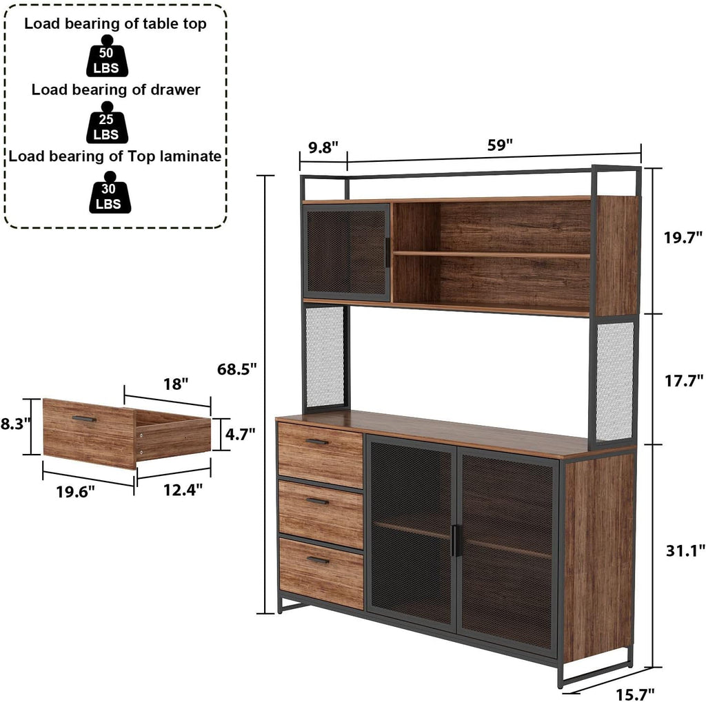ECACAD Modern Wood Sideboard Buffet Storage Cabinet with Hutch, 3 Metal Mesh Doors, 3 Drawers & Shelves, Kitchen Pantry Cupboard Console Table for Living Room, Dining Room, Brown