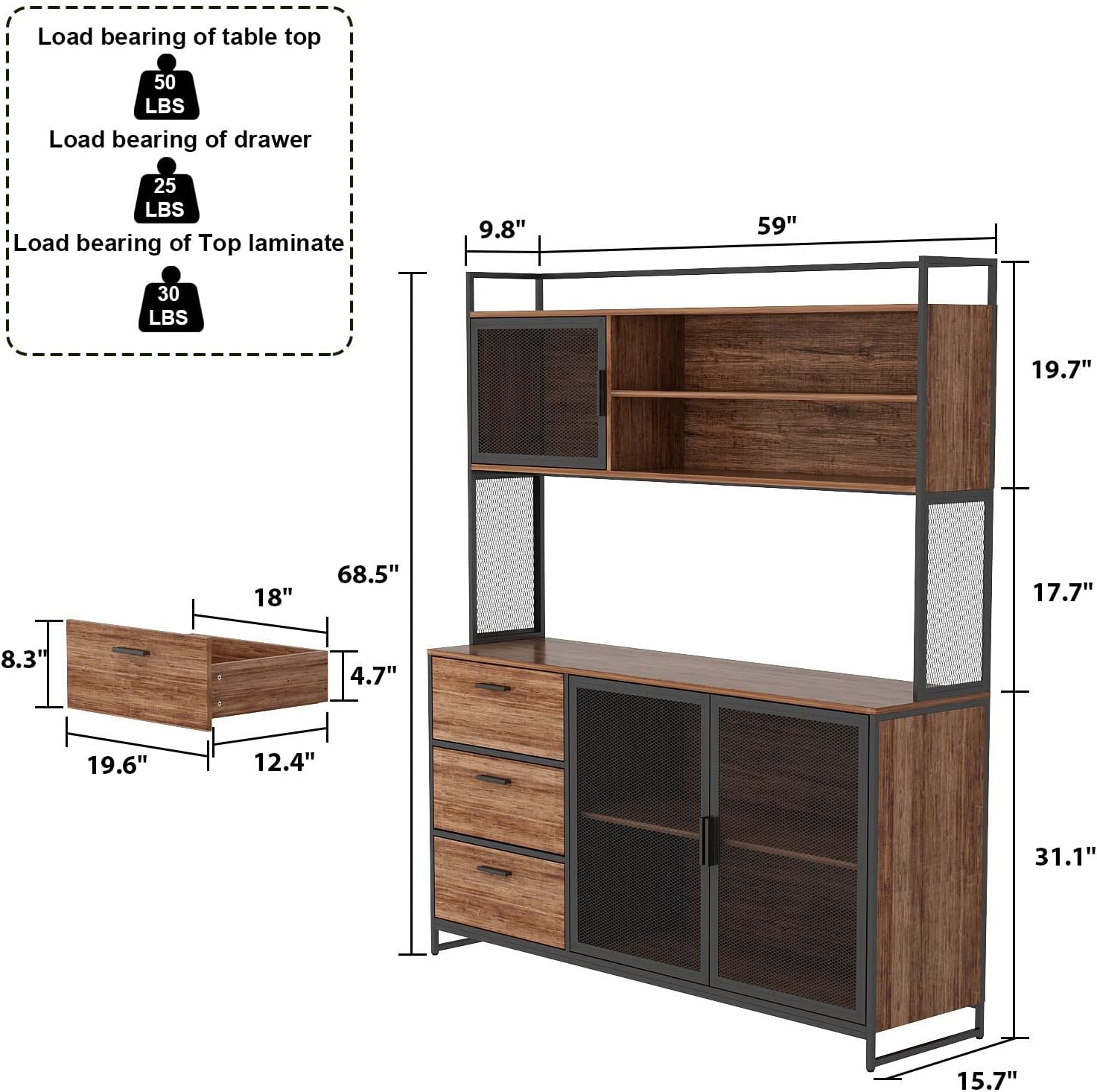 ECACAD Modern Wood Sideboard Buffet Storage Cabinet with Hutch, 3 Metal Mesh Doors, 3 Drawers & Shelves, Kitchen Pantry Cupboard Console Table for Living Room, Dining Room, Brown