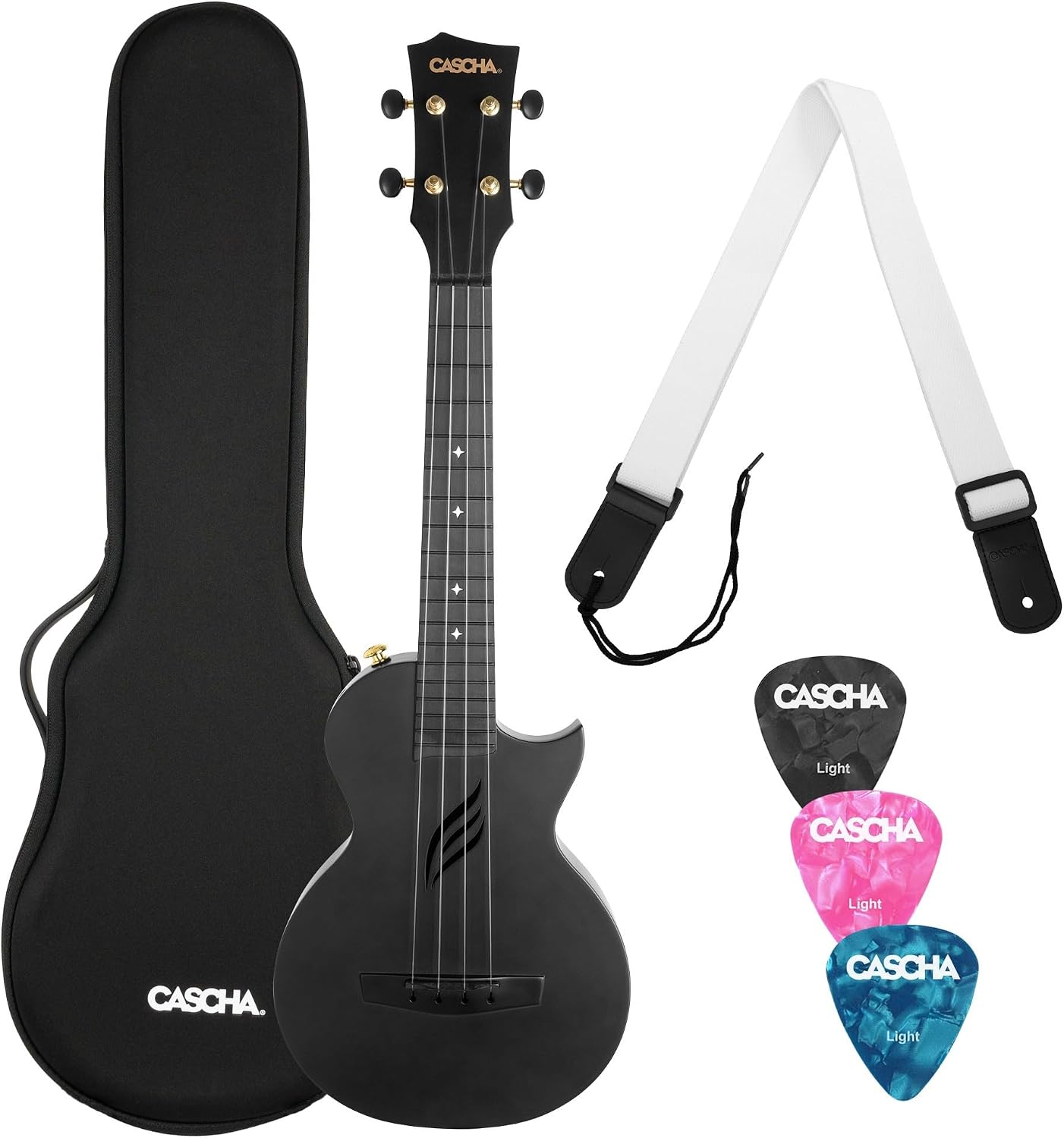 CASCHA Concert Ukulele Set Carbon Fibre I Carbon Ukulele Starter Kit with 3 Plectrums Bag I Ukulele Set Fluorcarbon Strings I Small Hawaii Guitar for Beginners Advanced I Black