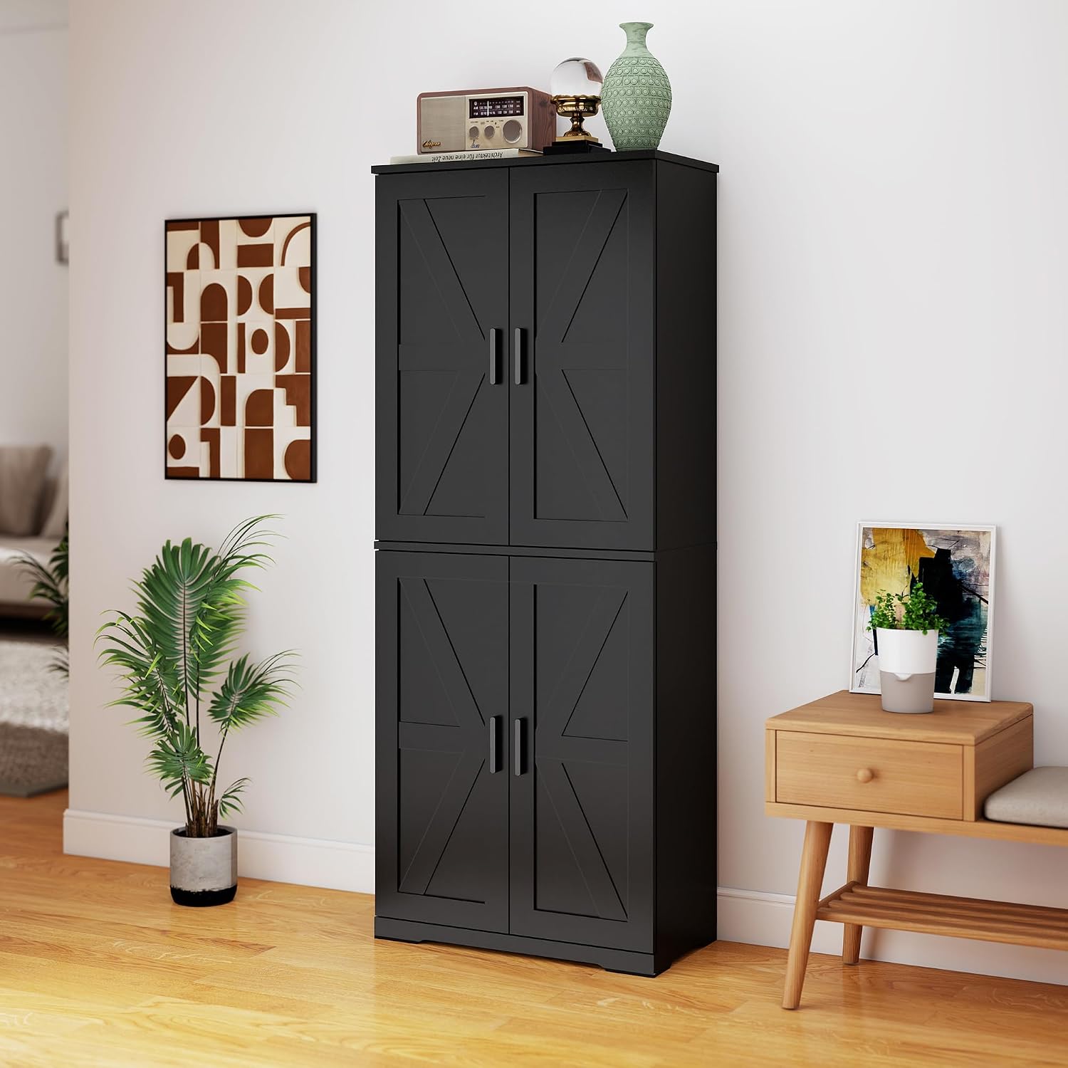 Farmhouse Storage Cabinet with 4 Door, Kitchen Pantry Storage with 4 Adjustable Shelves Wooden Cupboard for Kitchen, Dining Room, Living Room, Bathroom (Black)