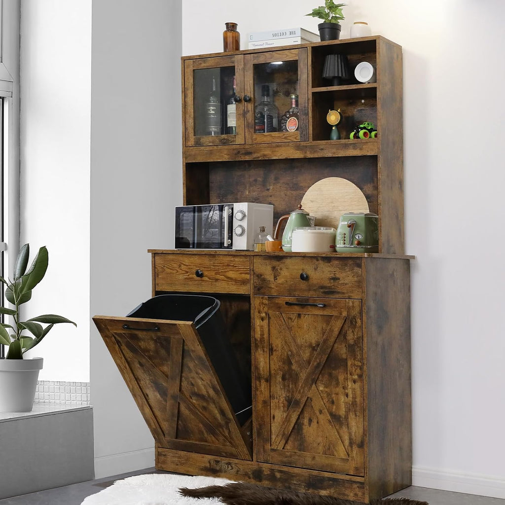 Arlopu Dual Tilt Out Trash&Storage Cabinet, Kitchen Sideboard Cupboard W/Pet Proof 10X2 Gal Hidden Garbage Holder, Freestand Laundry Sort Cabinet, W/Drawer, Shelves,Barn Door (Vintage Wood)