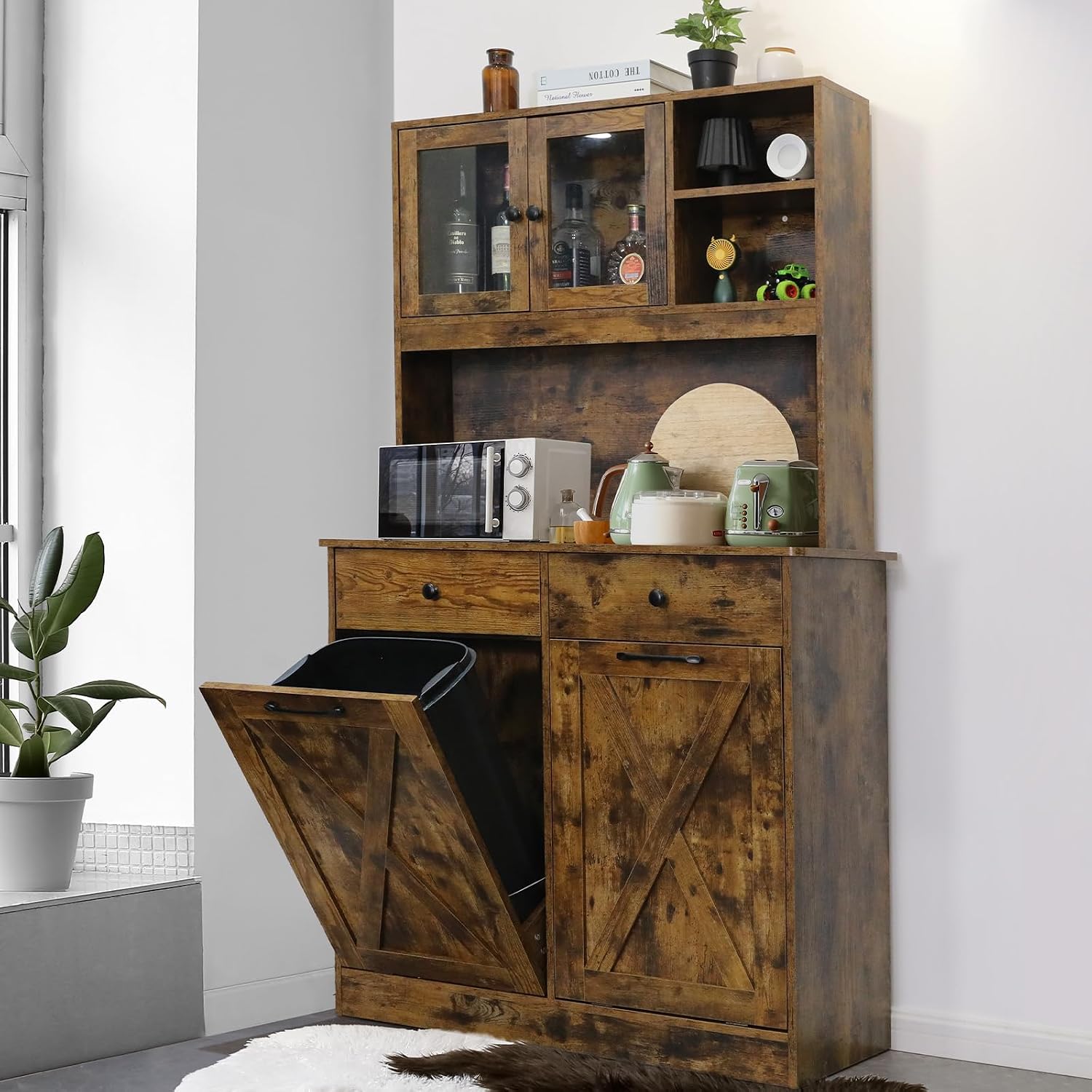 Arlopu Dual Tilt Out Trash&Storage Cabinet, Kitchen Sideboard Cupboard W/Pet Proof 10X2 Gal Hidden Garbage Holder, Freestand Laundry Sort Cabinet, W/Drawer, Shelves,Barn Door (Vintage Wood)