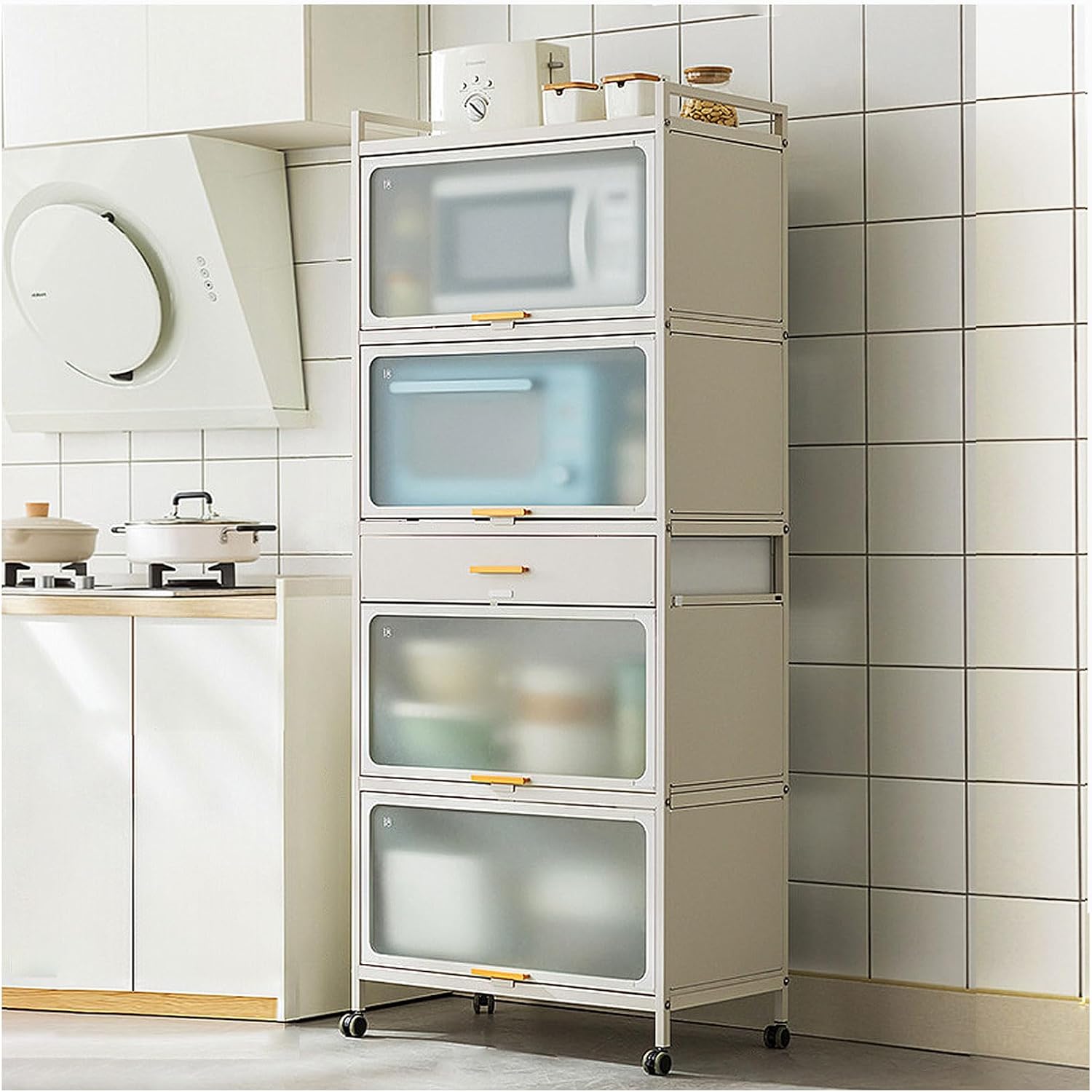 5 Tier Kitchen Bakers Rack with Flip Door Microwave Stand and Drawer White 70×170cm/27.5×67in