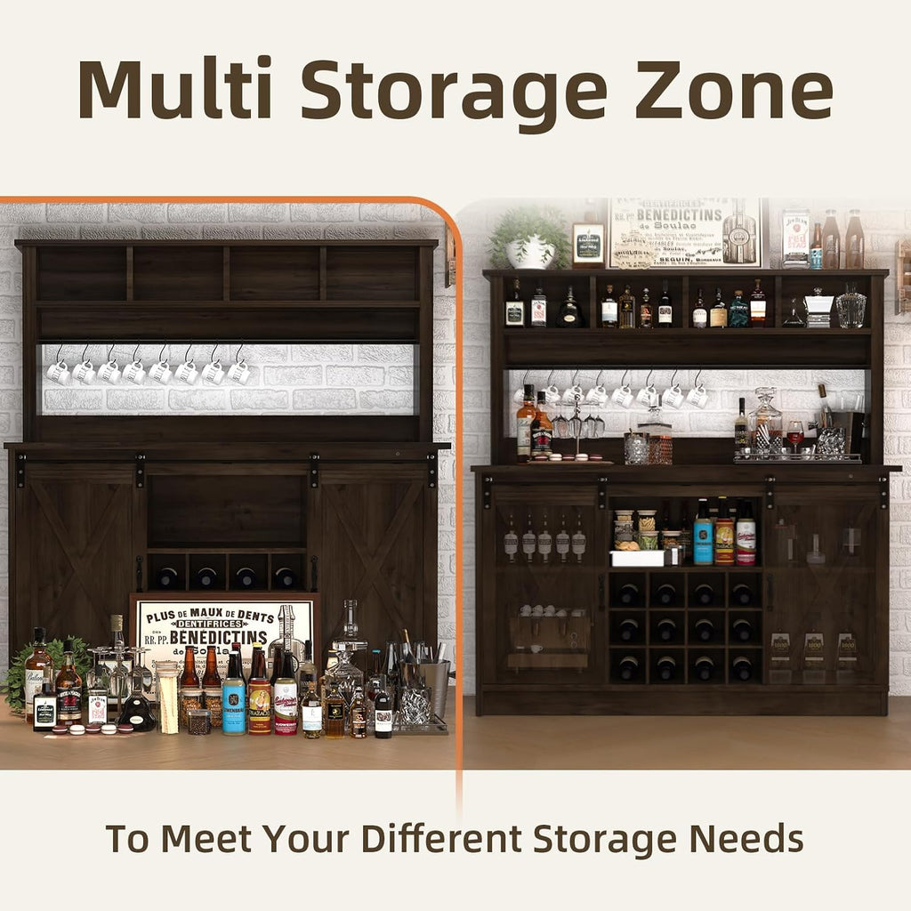 4ever2buy Farmhouse Coffee Bar Cabinet with Storage Hutch, 55' Wine Bar with 12 Wine Racks and 8 Hooks, Coffee Station with 4 Open Shelves and Sliding Barn Doors for Kitchen, Dining Room, Dark Oak