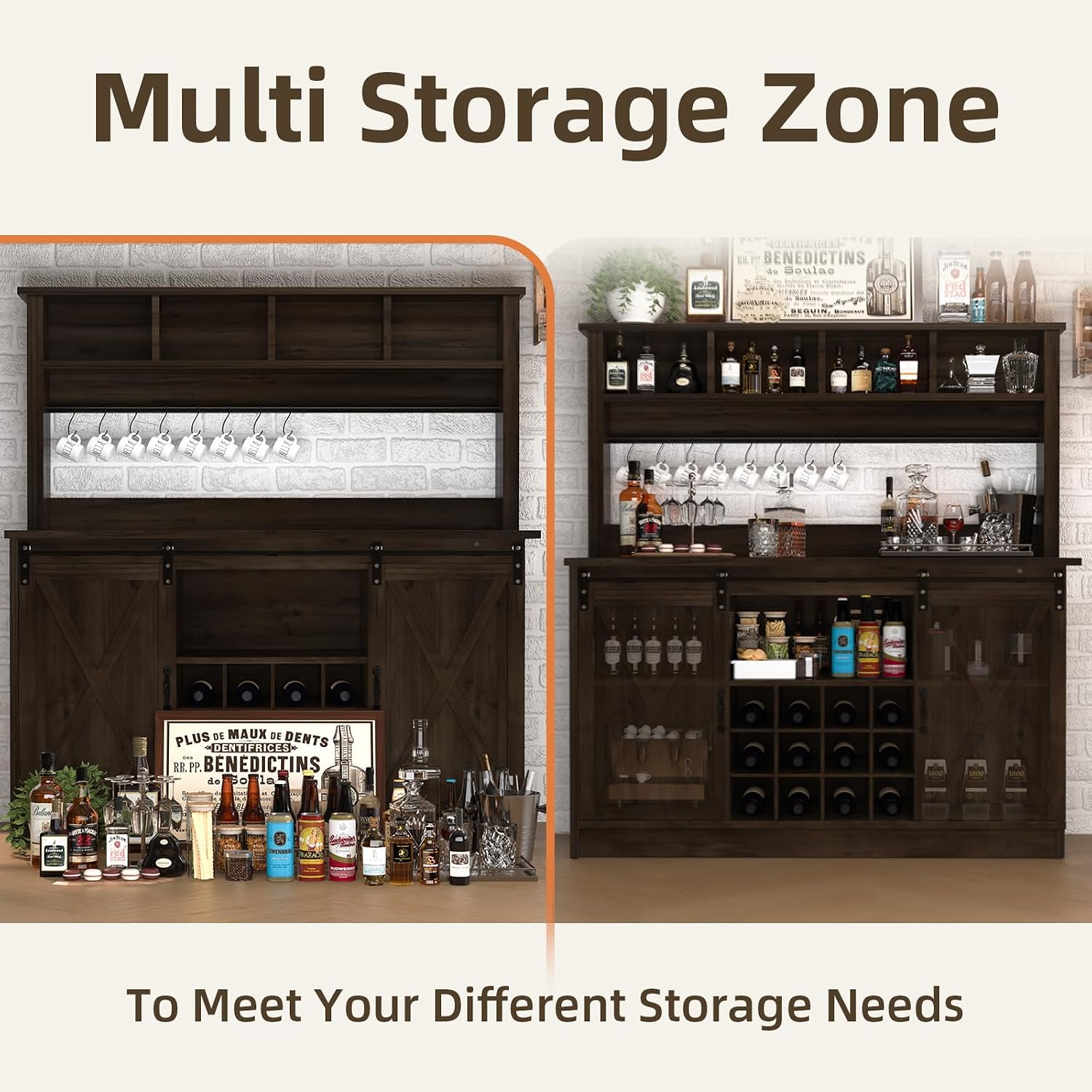 4ever2buy Farmhouse Coffee Bar Cabinet with Storage Hutch, 55' Wine Bar with 12 Wine Racks and 8 Hooks, Coffee Station with 4 Open Shelves and Sliding Barn Doors for Kitchen, Dining Room, Dark Oak