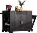 LUMISOL Kitchen Cart on Wheels with Trash Can Storage Cabinet, for 10 Gallon Garbage Bin, Rolling Kitchen Island with Internal Storage Rack, Power Outlet, 3 Drawers and Open Side Racks, Black