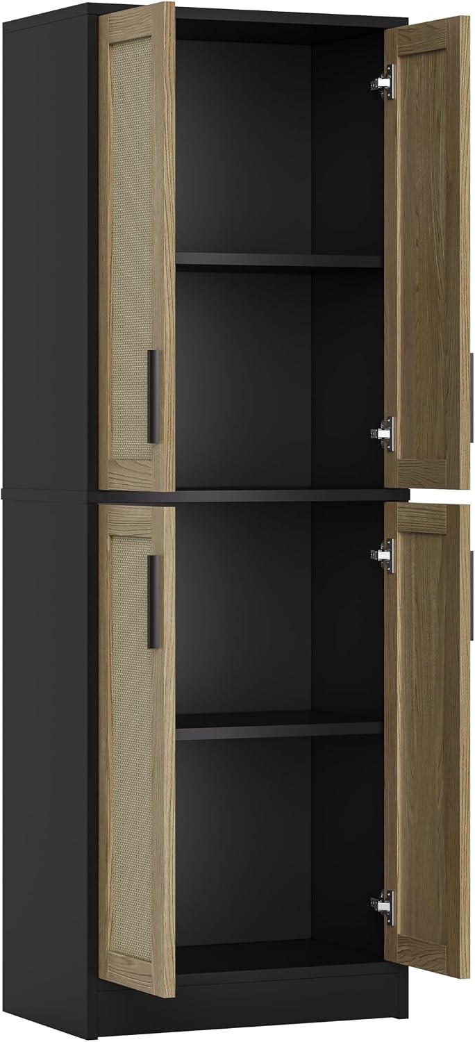 Pantry - Kitchen Pantry Cabinet with 4 Doors and Adjustable Shelves, Tall Black Cabinet Freestanding Storage Cupboard for Dining Room Living Room, Laundry, Bathroom (Black and Natural)