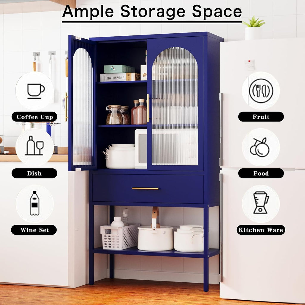 ALBAD 63 Inch Tall Metal Pantry/Display/Storage Cabinet with Fluted Glass Doors and Drawer & Adjustable Shelf for Modern Home Office Living Room Kitchen Blue