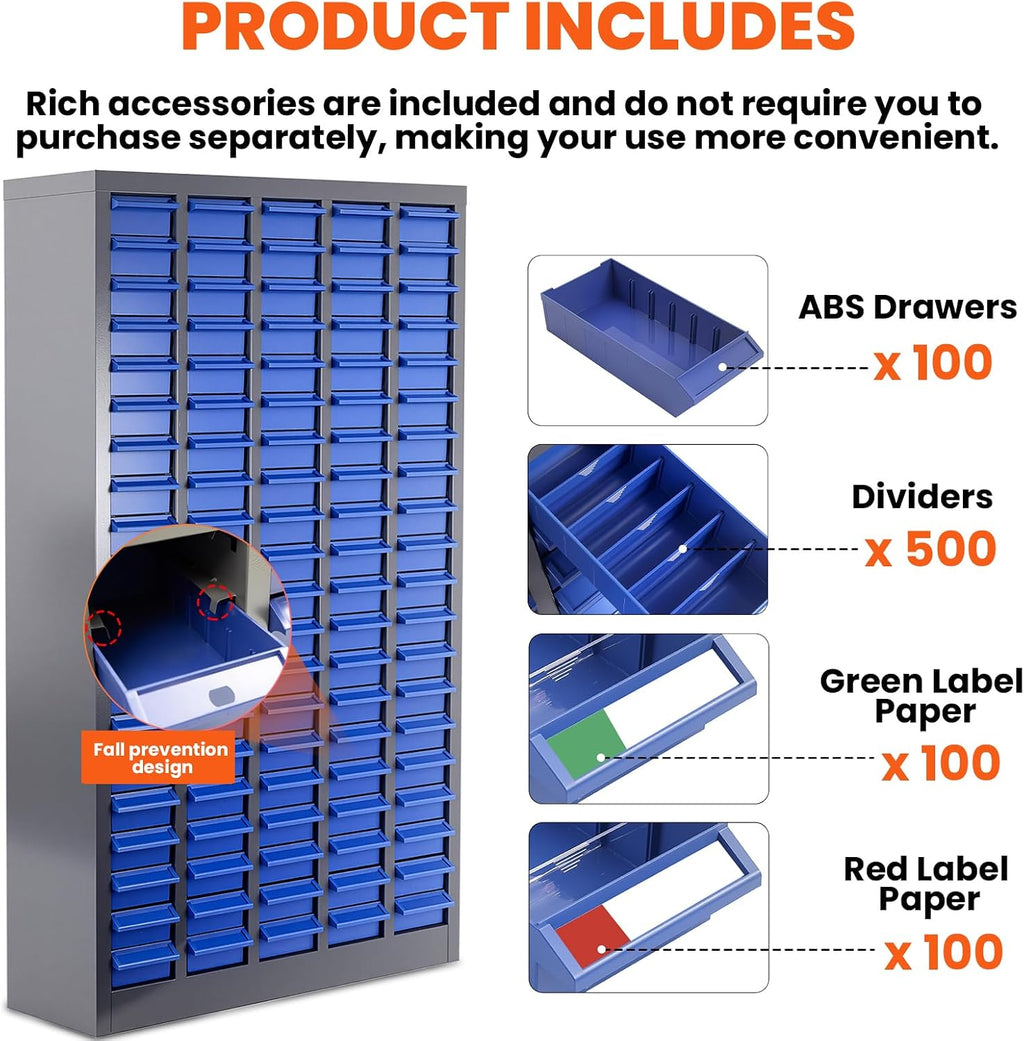 100 Drawers Nut and Bolt Organizer, 26x9x46 Stainless Steel Parts Cabinet with Shelfs & Labels Bolt Organizer for Workshop Tool & Hardware Storage and Organization (100 Drawers)